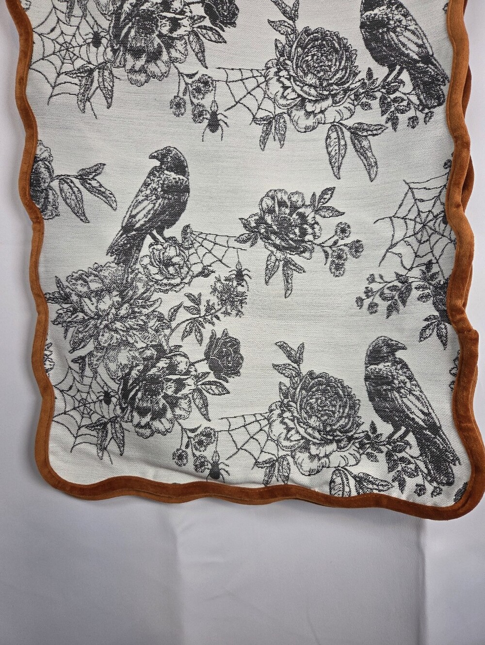 Halloween Table Runner Orange Velvet Black White Raven Spider Webs 70 x 13